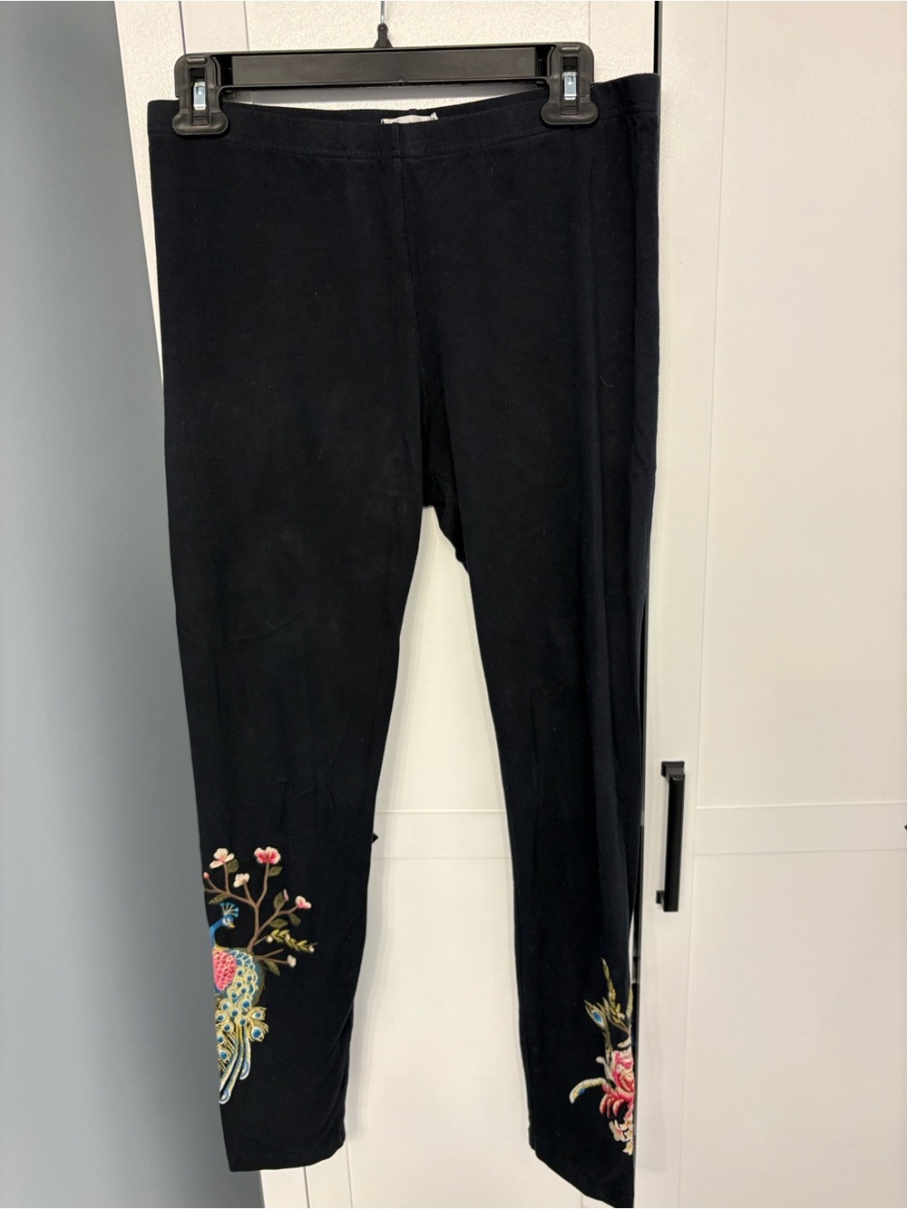 Johnny Was Black Leggings with Multicolor Floral & Bird Embroidery